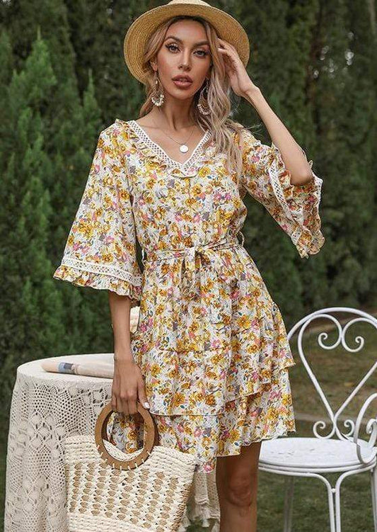 Anna-Kaci Floral Print Wide Short Sleeve A Line Swing Dress V Neck for Women Large 8-10 / Yellow