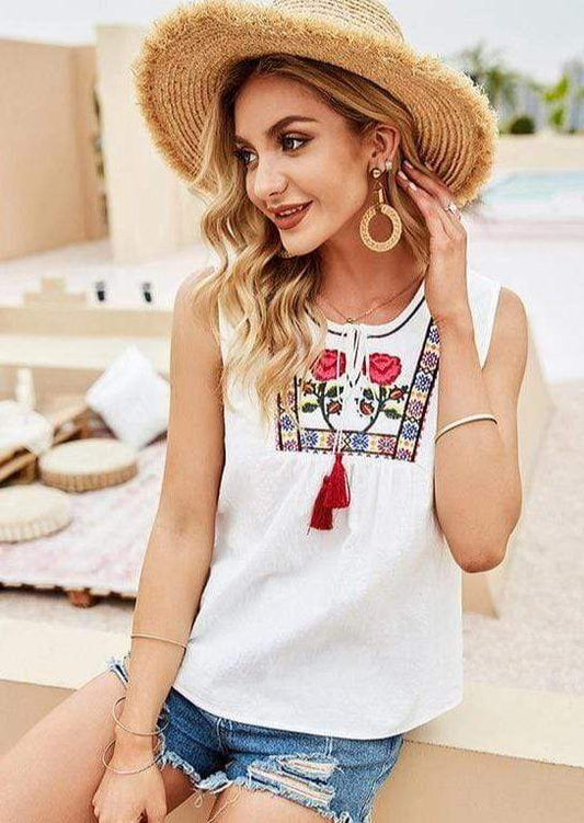 Anna-Kaci Floral Rose Spanish Style Yoke Key Hole Tank Top for Women Small 0-4 / White