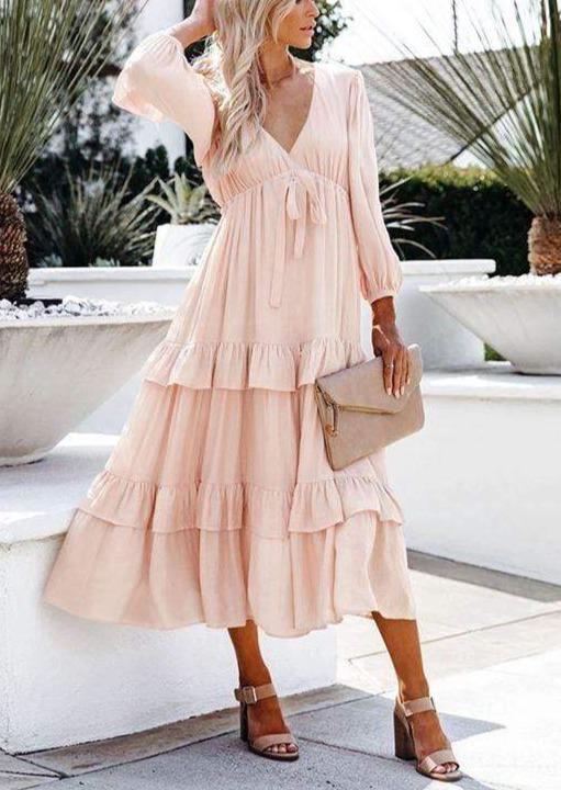 Anna-Kaci Flowy Ruffle Tiered Tunic Midi Dress V Neck Line Long Sleeve for Women Large 8-10 / Pink