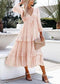 Anna-Kaci Flowy Ruffle Tiered Tunic Midi Dress V Neck Line Long Sleeve for Women  Large 8-10 / Pink