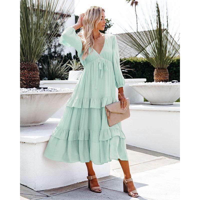 Anna-Kaci Flowy Ruffle Tiered Tunic Midi Dress V Neck Line Long Sleeve for Women  Large 8-10 / Teal