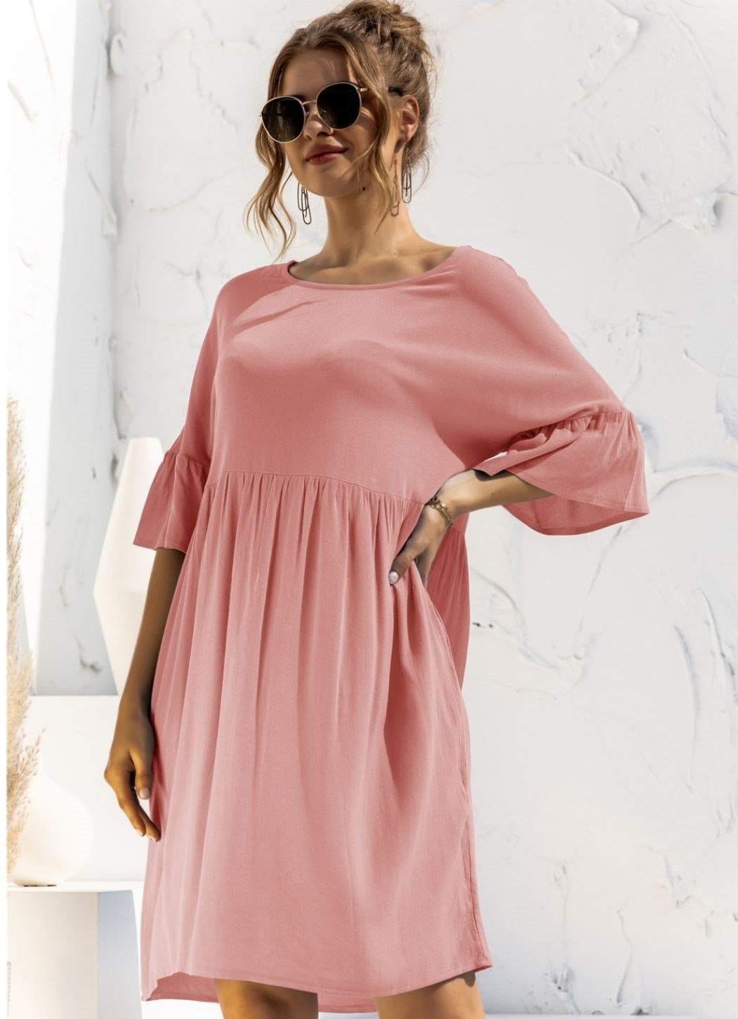 Anna-Kaci Front Pockets Babydoll Dress Half Sleeve Round Neck Solid Tunic Dress Pink / Small 0-4