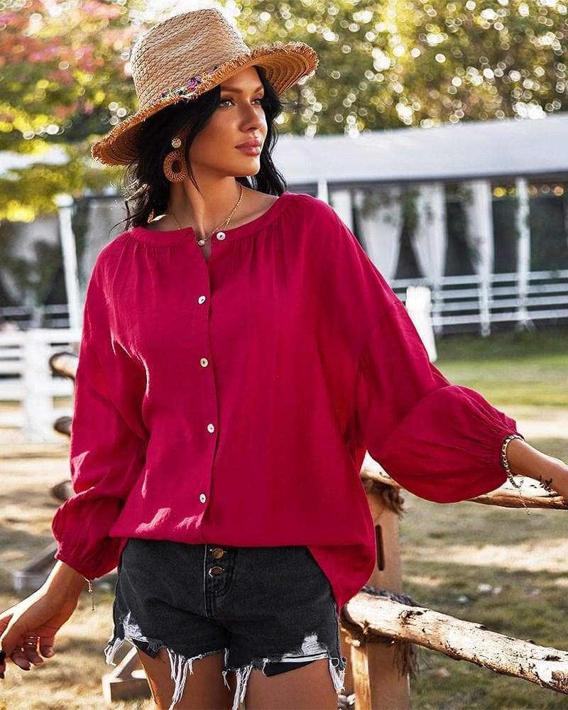 Anna-Kaci Gathered Loose Fitting Long Sleeve Button Blouse | Anna-Kaci