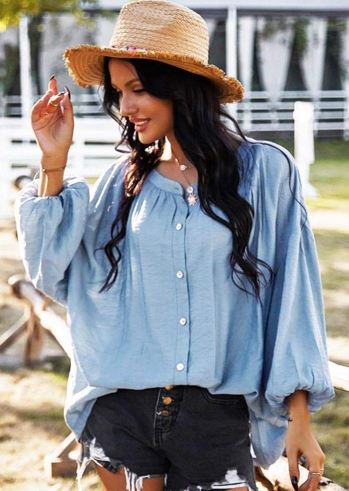 Anna-Kaci Gathered Loose Fitting Long Sleeve Button Blouse | Anna-Kaci