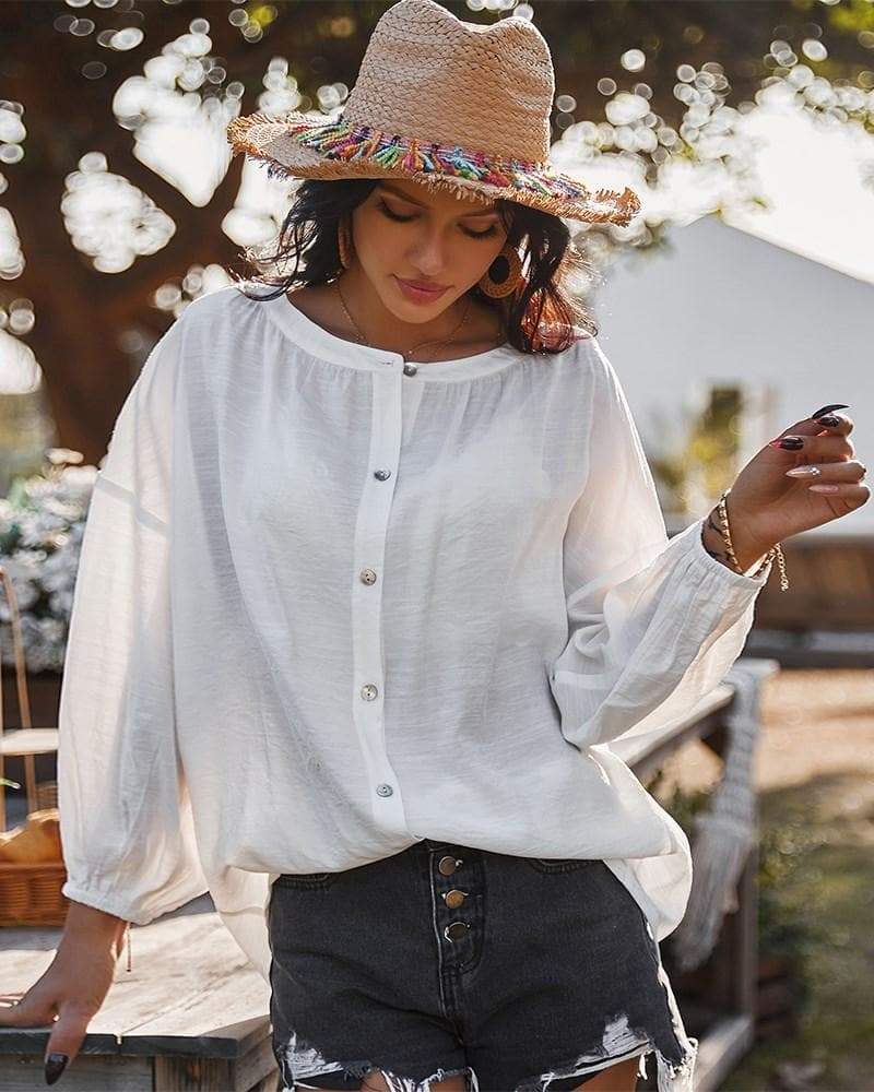 Anna-Kaci Gathered Loose Fitting Long Sleeve Button Blouse | Anna-Kaci White / Small 0-4