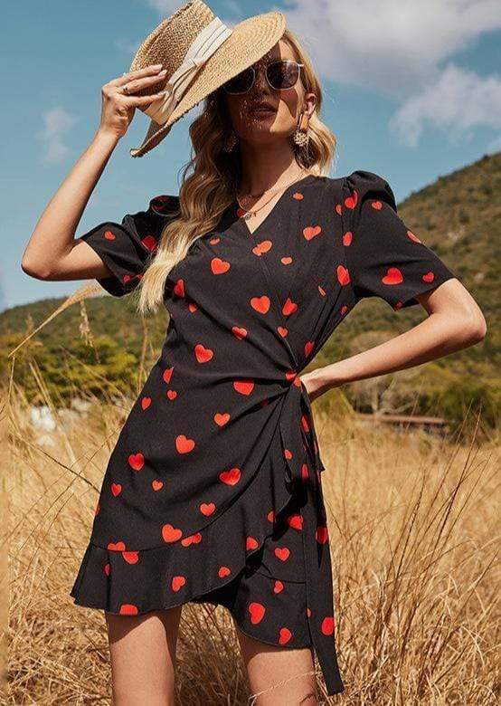 Anna-Kaci Heart Print Short Sleeve Swing Dress A Line for Women Large 8-10 / Black