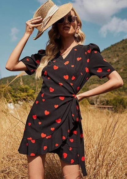 Anna-Kaci Heart Print Short Sleeve Swing Dress A Line for Women Large 8-10 / Black