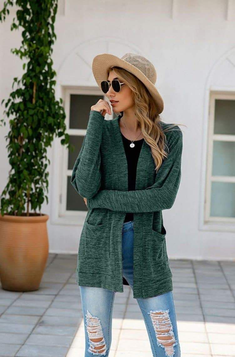 Anna-Kaci Heather Knit Lightweight Long Sleeve Pocket Cardigan for Women Kelly Green / Small 0-4