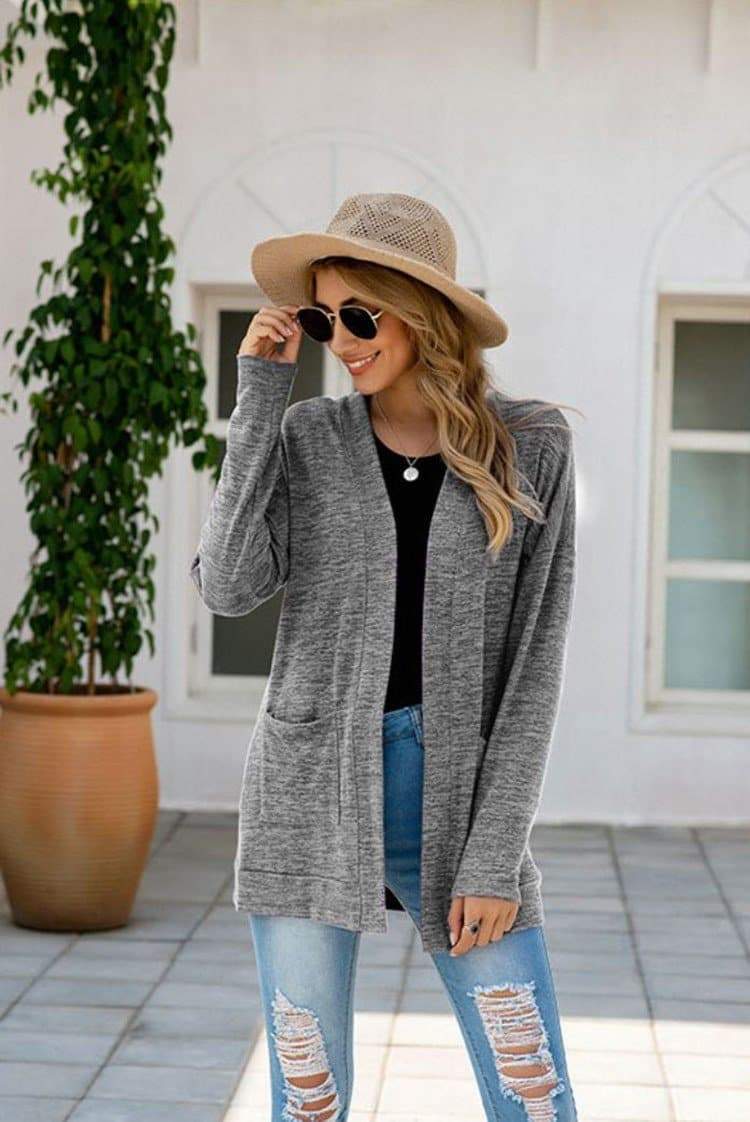 Anna-Kaci Heather Knit Lightweight Long Sleeve Pocket Cardigan for Women