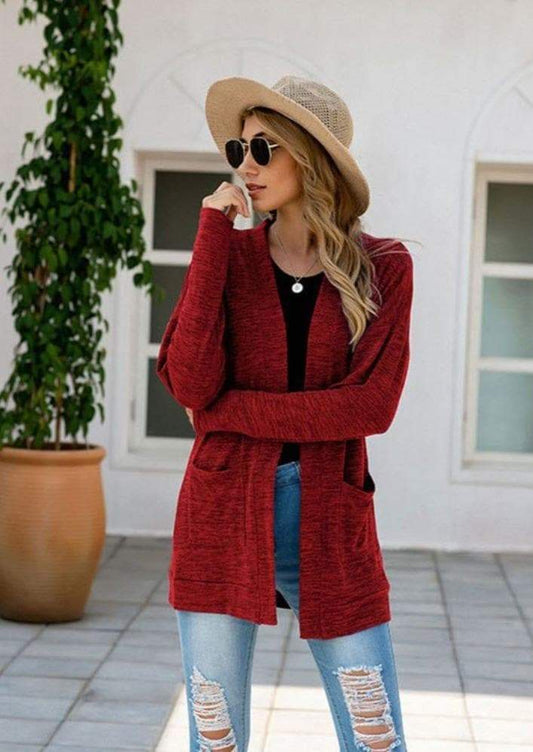 Anna-Kaci Heather Knit Lightweight Long Sleeve Pocket Cardigan for Women Love Red / Small 0-4