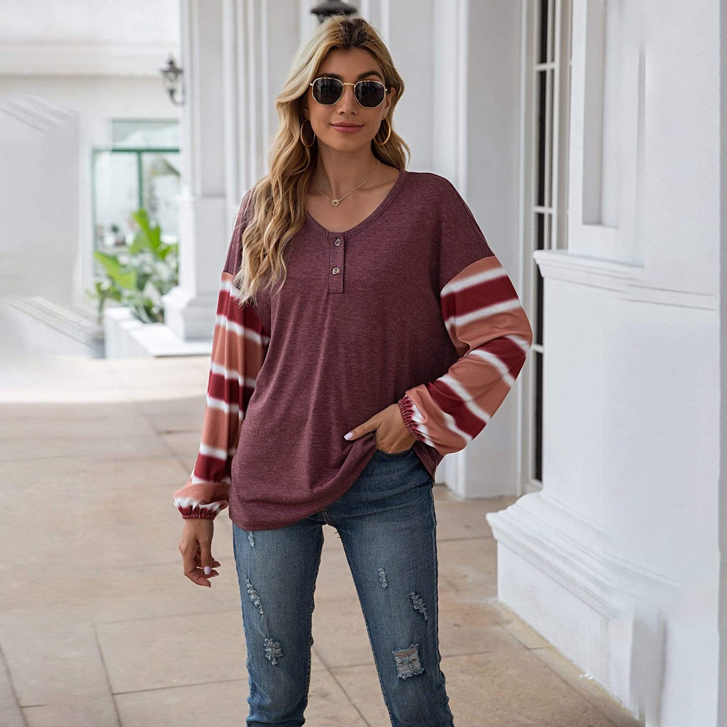 Anna-Kaci Henley Button Up Round Neck Striped Long Sleeve Top for WOmen Large 8-10 / Burgundy