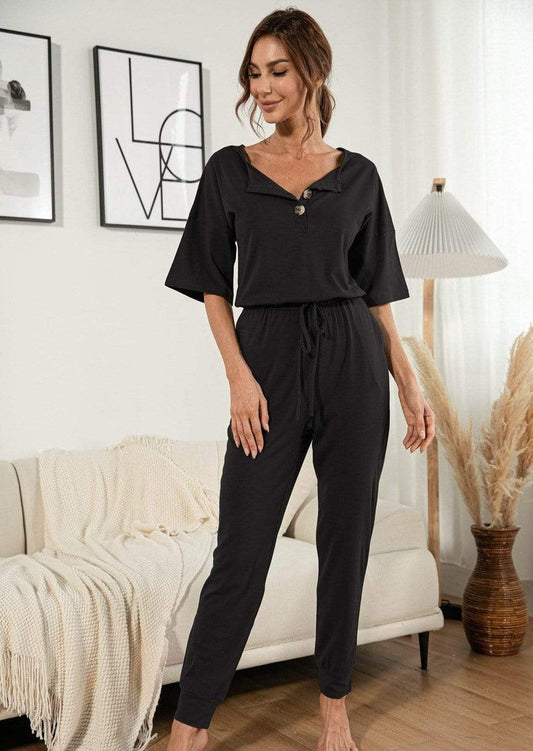 Anna-Kaci Henley Lounge Button Up Lightweight Jumpsuit for Women Large 8-10 / Black