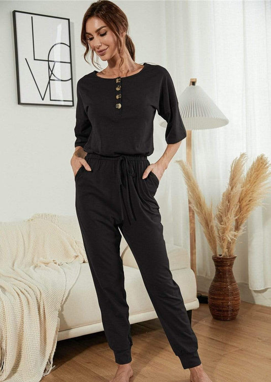 Anna-Kaci Henley Lounge Button Up Lightweight Jumpsuit for Women