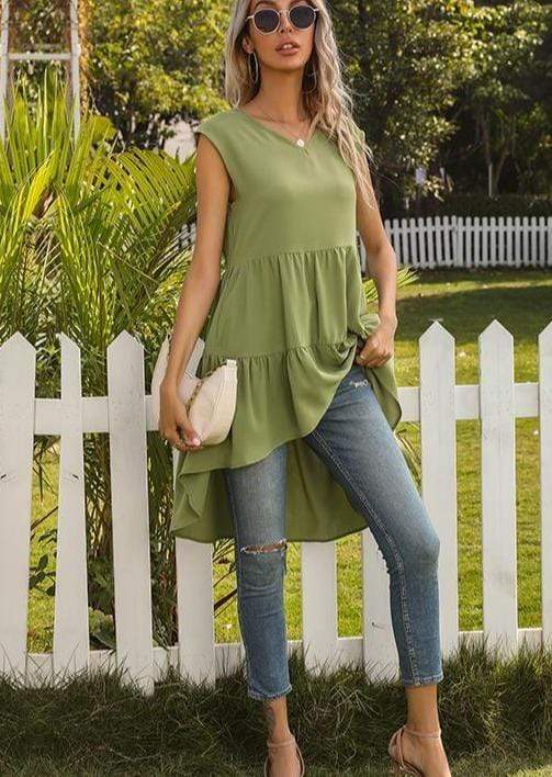 Anna-Kaci High Low Ruffle Tiered V Neck Tunic Tank Top for Women