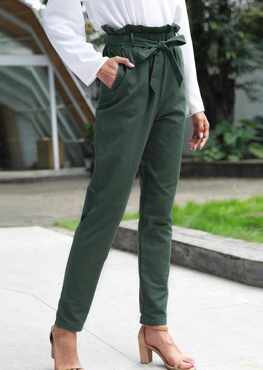 Anna-Kaci High Waist Tied Belt Lounge Dress Pants Ruffle Waist Line for Women Large 8-10 / DarkGreen