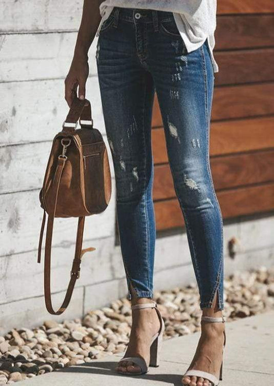 Anna-Kaci High Waisted Dark Wash Ripped Detail Skinny Denim Jeans for Women