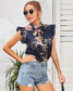 Anna-Kaci Japanese Floral Print Tied High Neck Sleeveless Blouse for Women