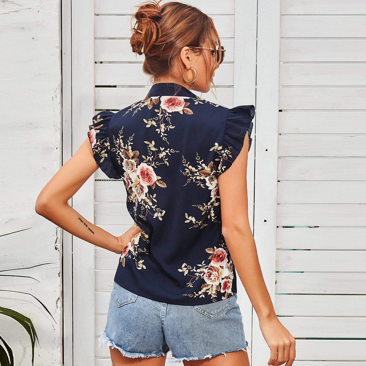 Anna-Kaci Japanese Floral Print Tied High Neck Sleeveless Blouse for Women