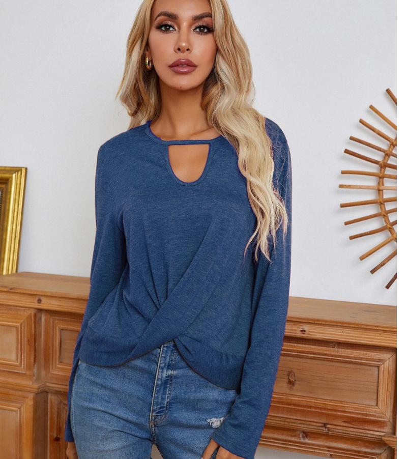 Anna-Kaci Keyhole Neck Long Sleeve Twist Front Hem Loose Top for Women