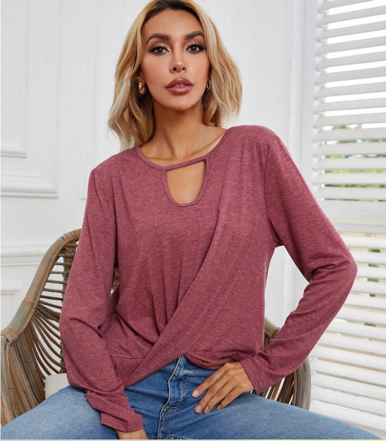 Anna-Kaci Keyhole Neck Long Sleeve Twist Front Hem Loose Top for Women