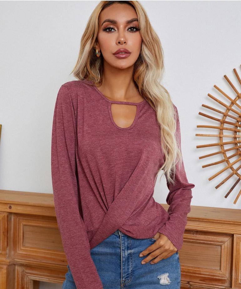 Anna-Kaci Keyhole Neck Long Sleeve Twist Front Hem Loose Top for Women