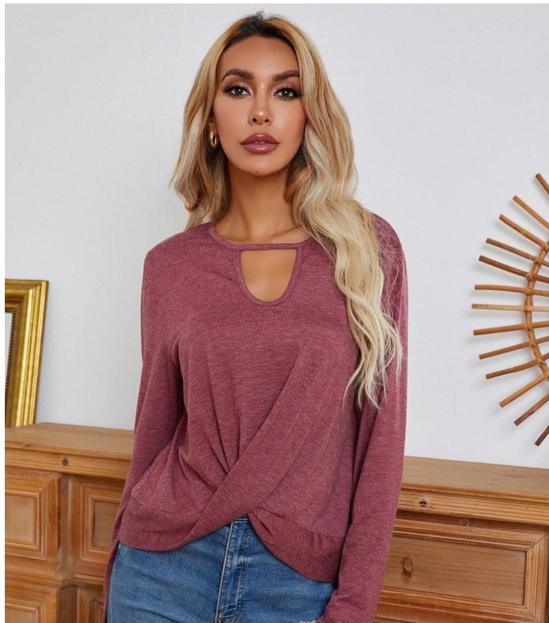 Anna-Kaci Keyhole Neck Long Sleeve Twist Front Hem Loose Top for Women