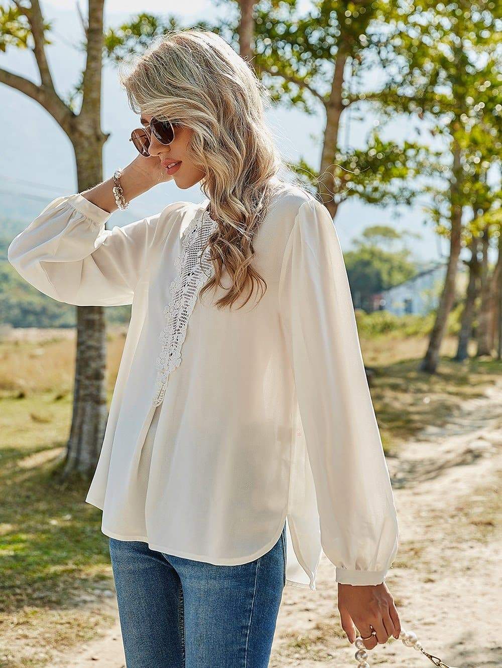 Anna-Kaci Lace Applique Long Sleeve Chiffon Blouse with Lantern Sleeves for Women Small 0-4