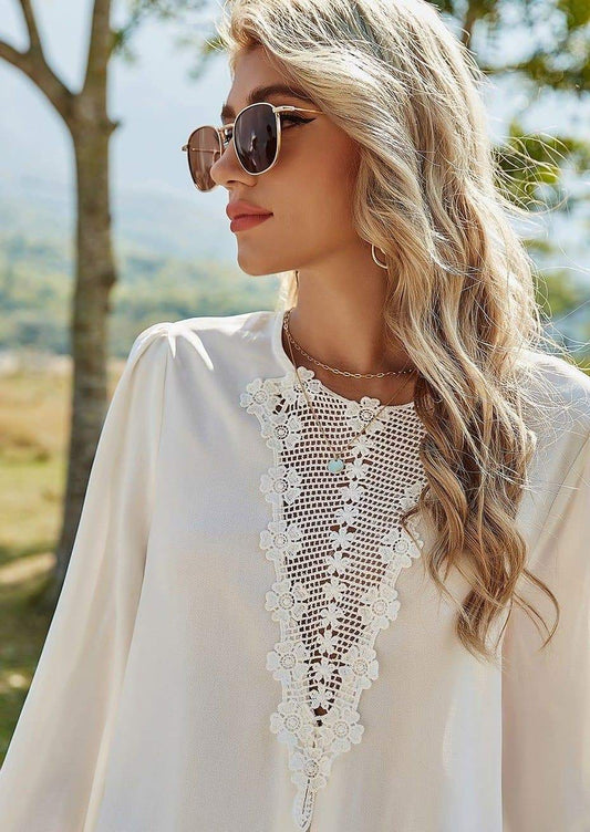 Anna-Kaci Lace Applique Long Sleeve Chiffon Blouse with Lantern Sleeves for Women