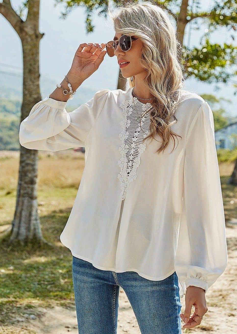 Anna-Kaci Lace Applique Long Sleeve Chiffon Blouse with Lantern Sleeves for Women