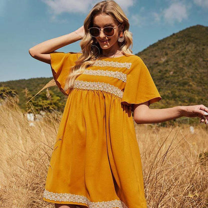 Anna-Kaci Lace Crochet Summer Tunic Flowy Dress with Short Sleeves Round Neck Large 8-10 / Yellow