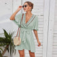 Anna-Kaci Lace Cross Trim V Neck Tied Front Tunic Swing Dress