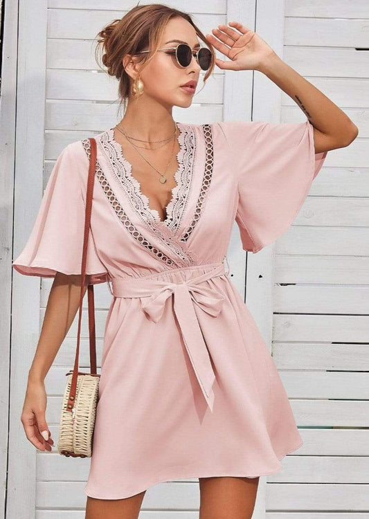 Anna-Kaci Lace Cross Trim V Neck Tied Front Tunic Swing Dress Large 8-10 / Pink