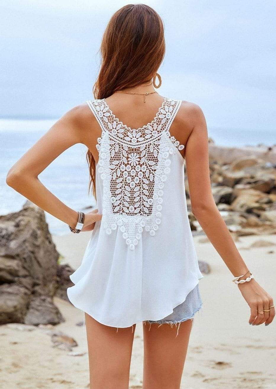 Anna-Kaci Lace Floral Crochet Back Summer Tank Top For Women Large 8-10 / White