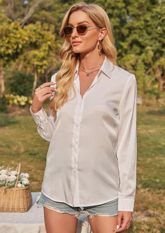 Anna-Kaci Lace Trim Backless Split Hem Long Sleeve Button Down Shirt for Women L / White