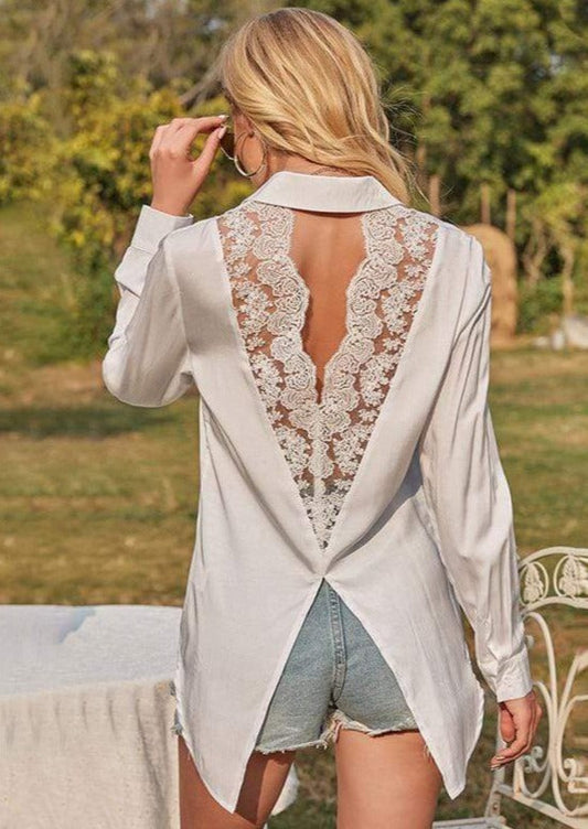 Anna-Kaci Lace Trim Backless Split Hem Long Sleeve Button Down Shirt for Women