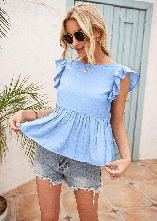 Anna-Kaci Lace Trim V Back Short Sleeve Ruffle Blouse for Women