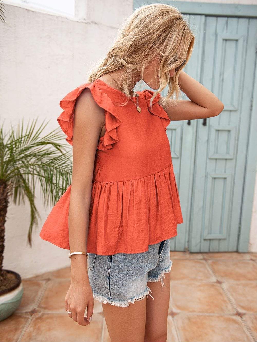 Anna-Kaci Lace Trim V Back Short Sleeve Ruffle Blouse for Women