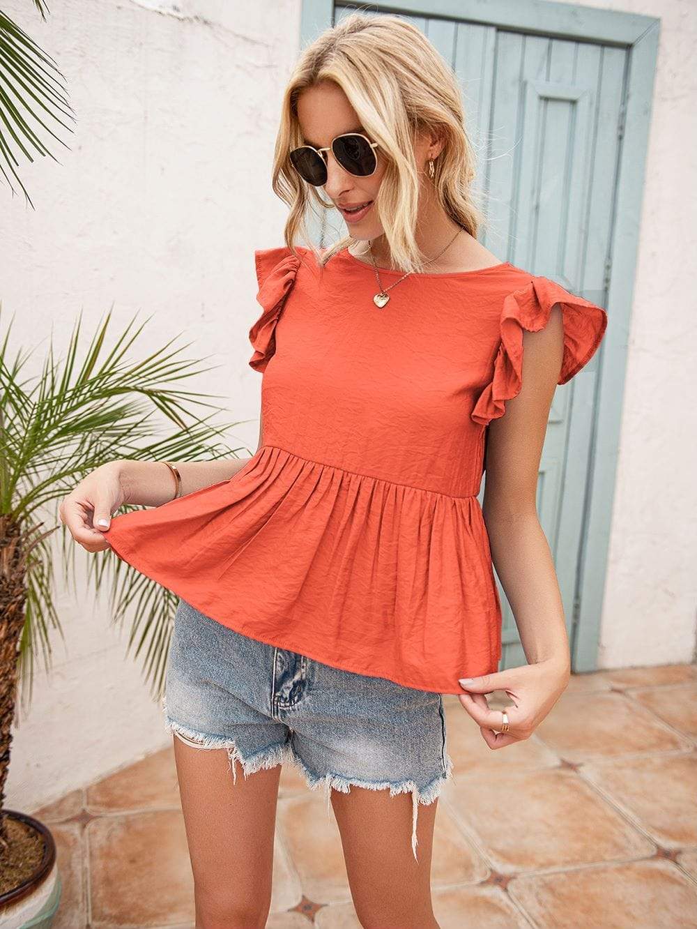 Anna-Kaci Lace Trim V Back Short Sleeve Ruffle Blouse for Women