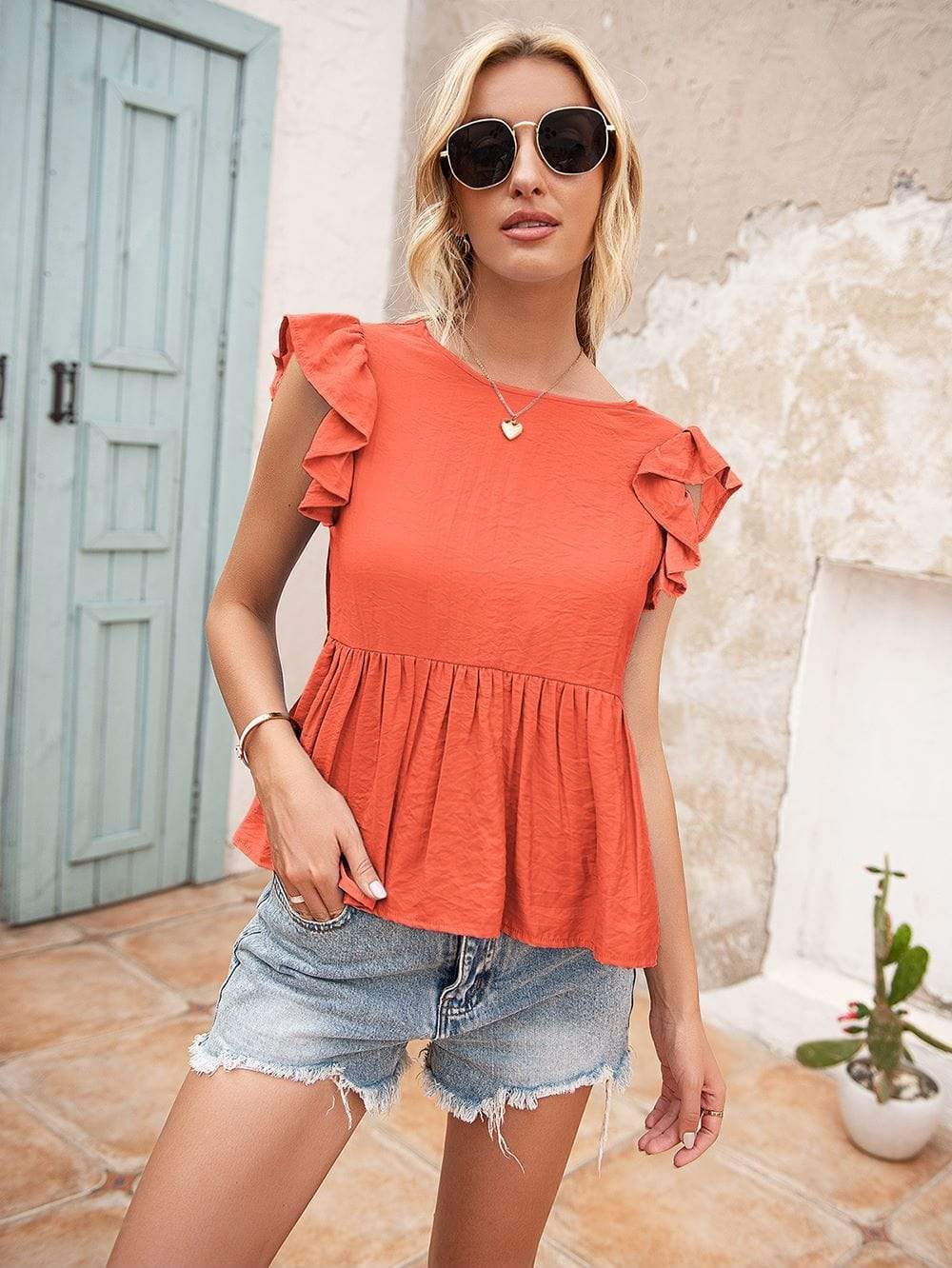 Anna-Kaci Lace Trim V Back Short Sleeve Ruffle Blouse for Women Small 0-4 / Orange