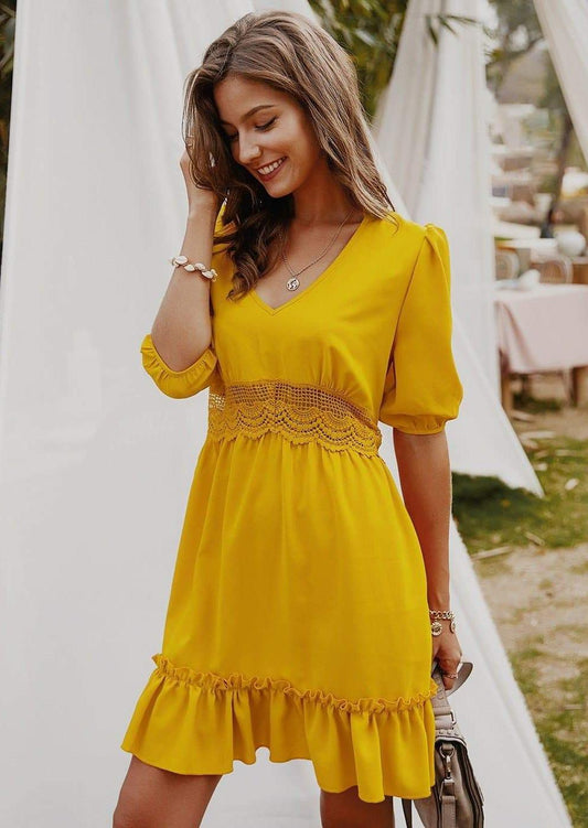 Anna-Kaci Lace Waist A Line Summer Tunic Dress Short Sleeve V Neckline for Women Sunrise Yellow / Small 0-4