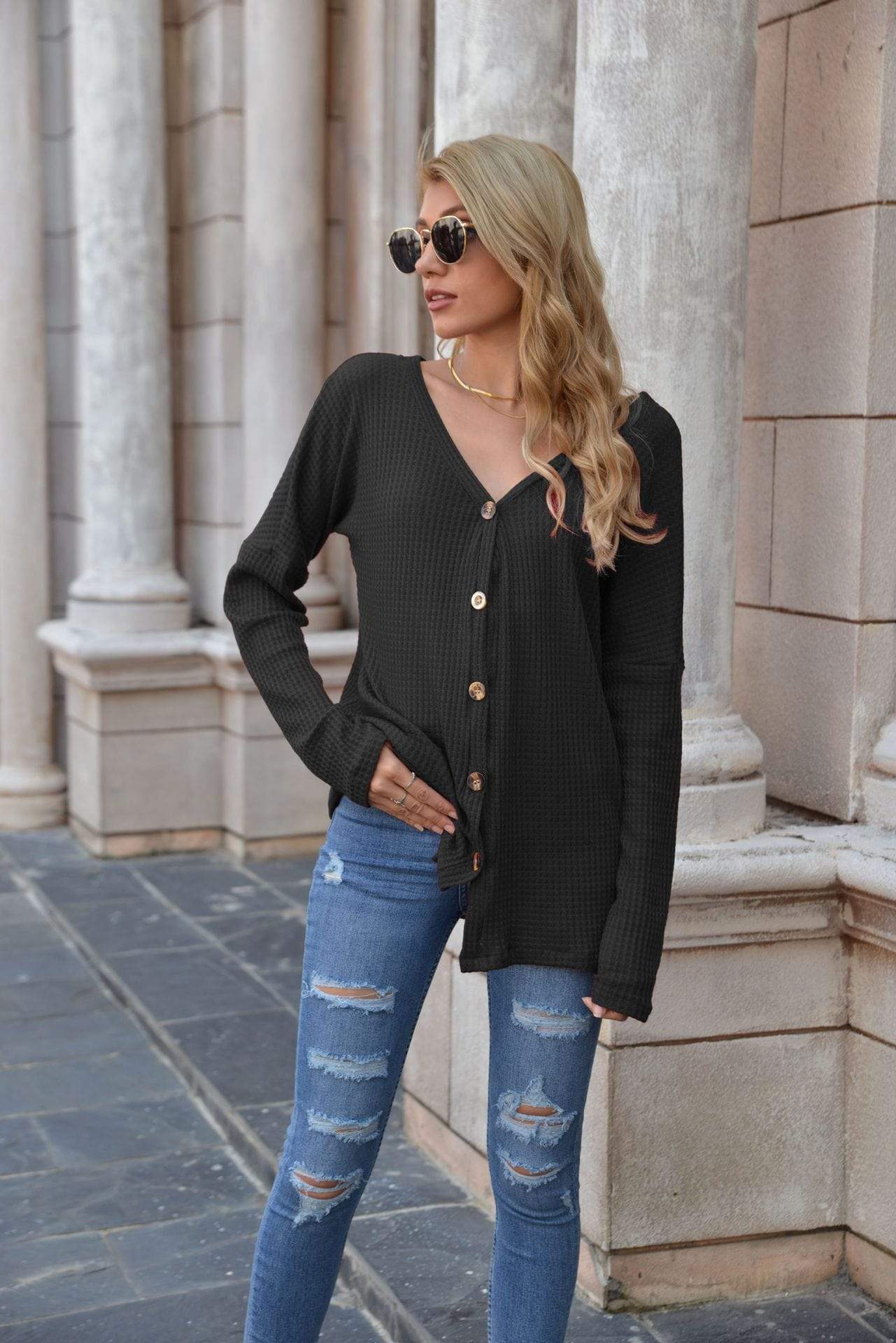 Anna-Kaci Layering Button Up Textured Tunic Long Sleeve Top for Women 2XL 12-14 / Black