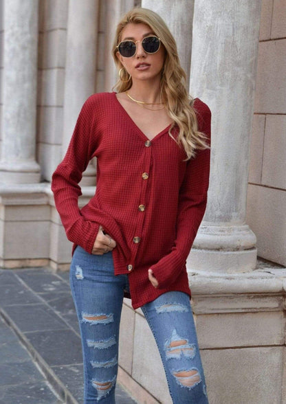 Anna-Kaci Layering Button Up Textured Tunic Long Sleeve Top for Women 2XL 12-14 / Burgundy