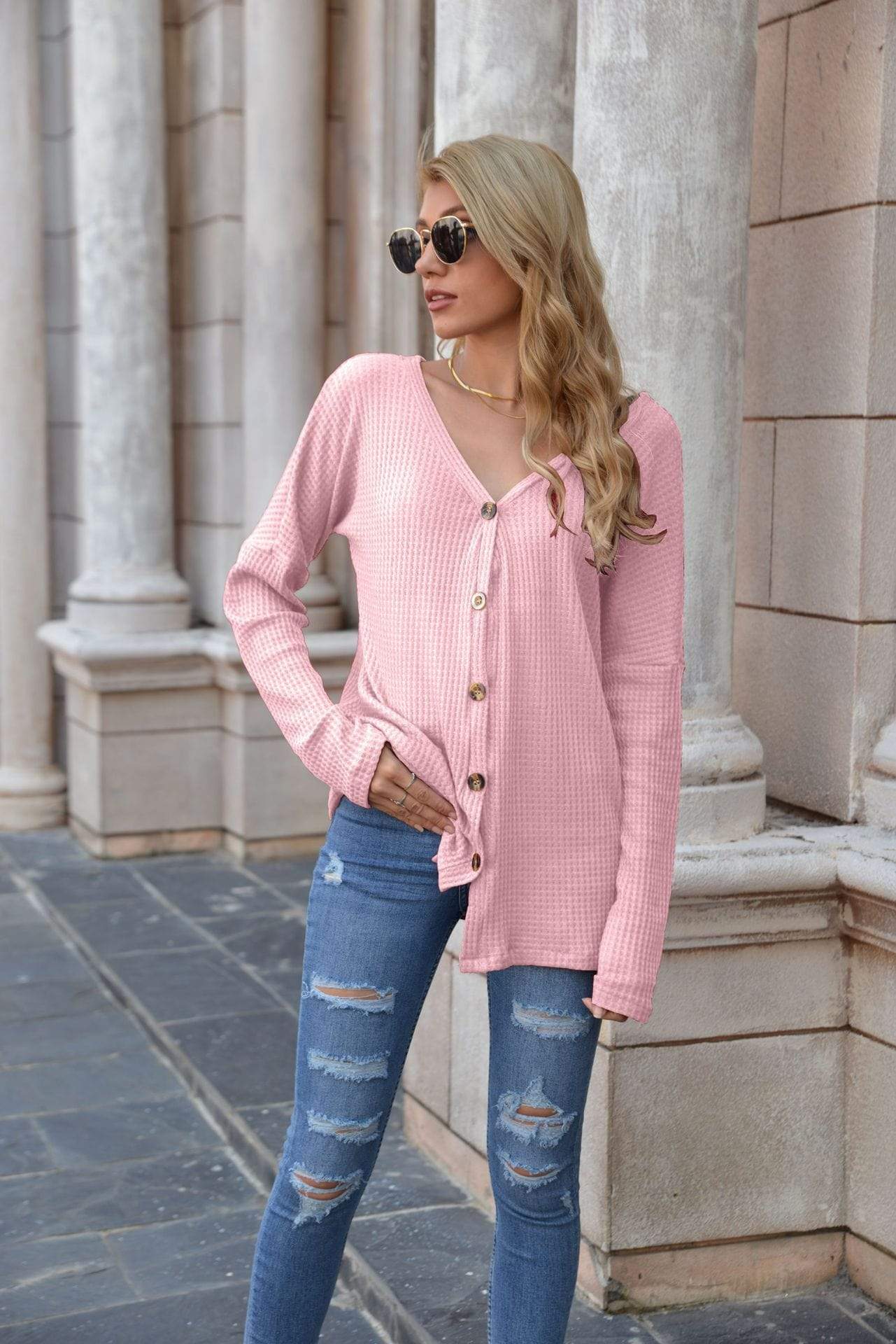 Anna-Kaci Layering Button Up Textured Tunic Long Sleeve Top for Women 2XL 12-14 / Pink