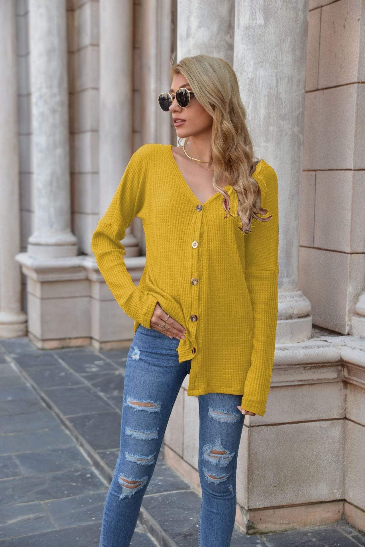 Anna-Kaci Layering Button Up Textured Tunic Long Sleeve Top for Women