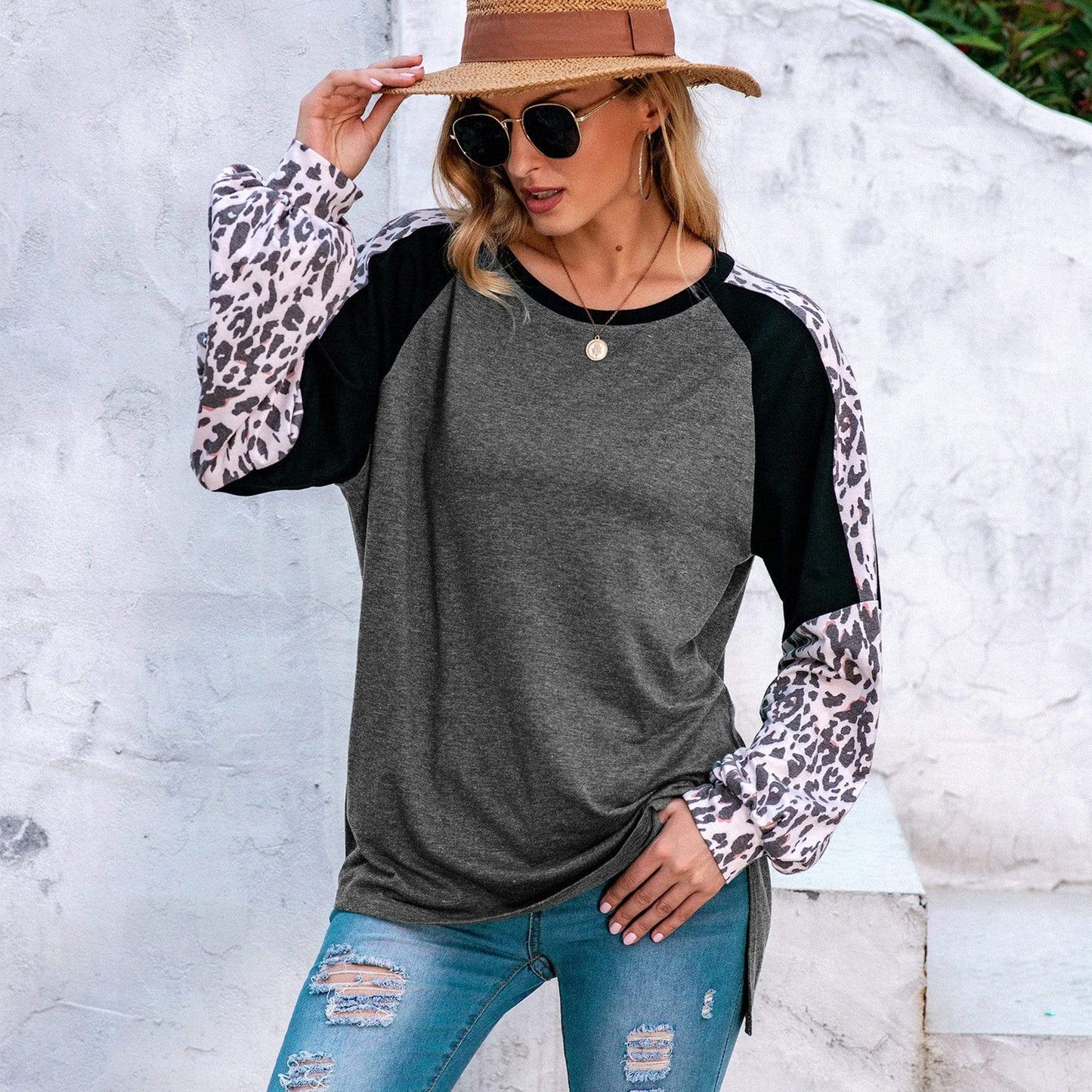 Anna-Kaci Leopard Print Baseball Long Sleeve Tee for Women 2XL 12-14 / Gray