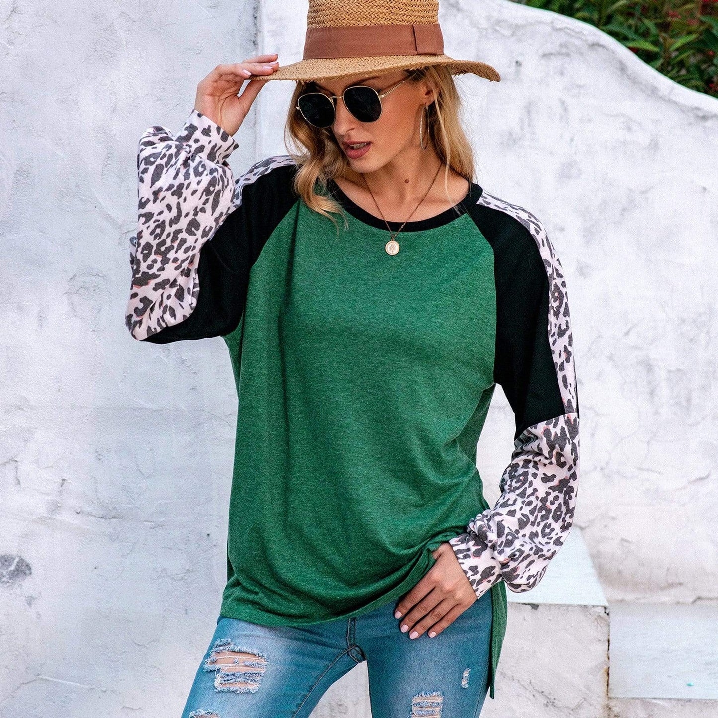 Anna-Kaci Leopard Print Baseball Long Sleeve Tee for Women