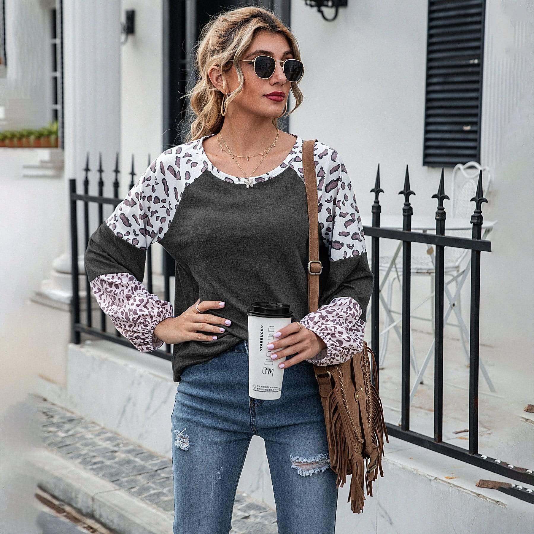 Anna-Kaci Leopard Print Color Block Baseball Long Sleeve Tee for Women Large 8-10 / Gray