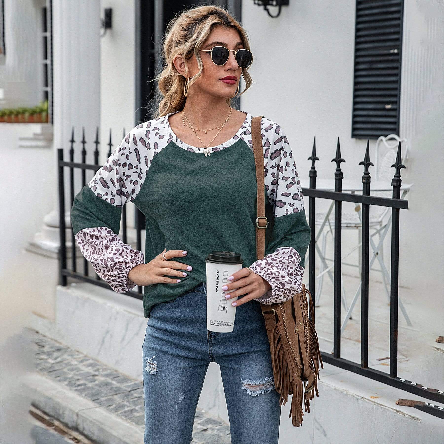 Anna-Kaci Leopard Print Color Block Baseball Long Sleeve Tee for Women Large 8-10 / Green