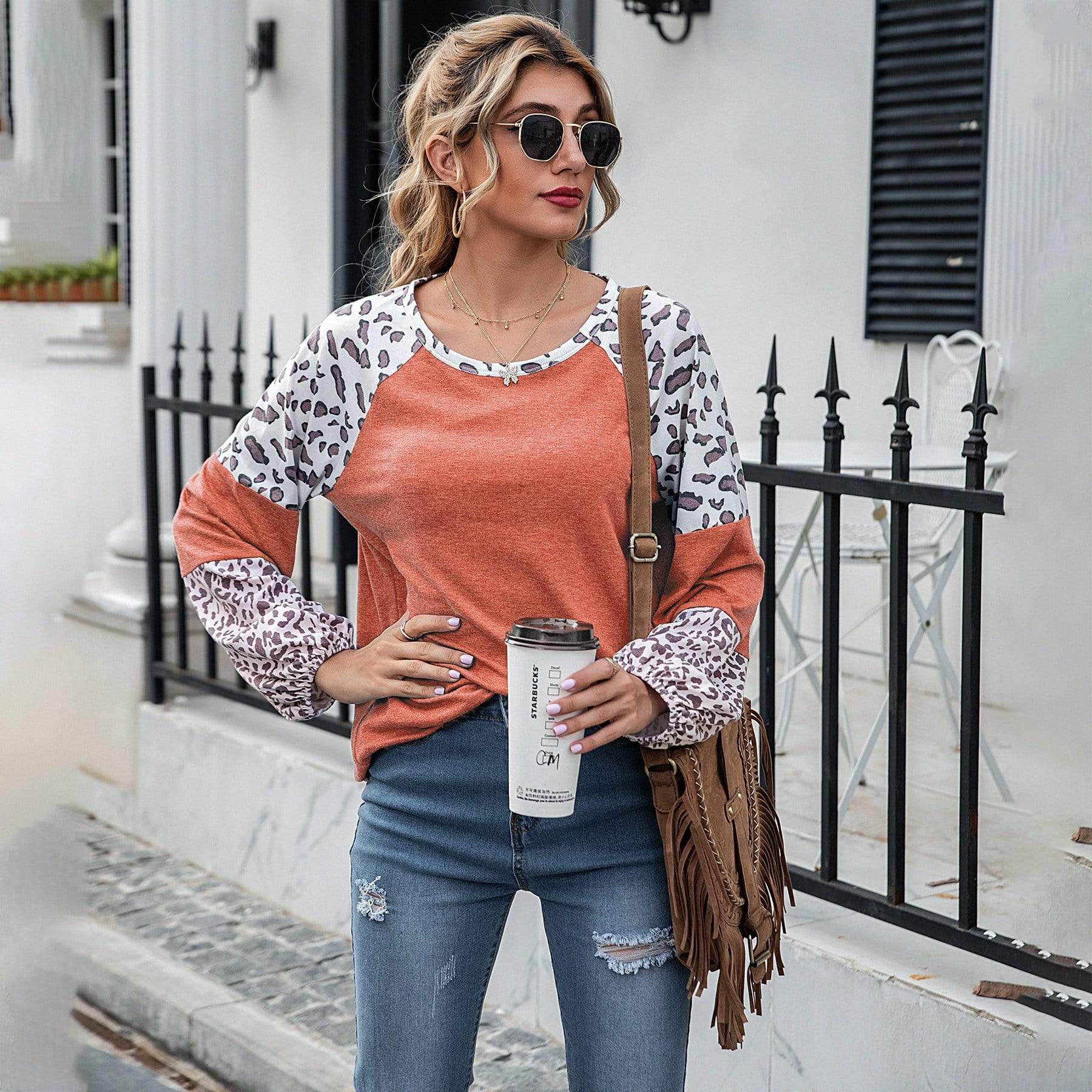 Anna-Kaci Leopard Print Color Block Baseball Long Sleeve Tee for Women Large 8-10 / Orange