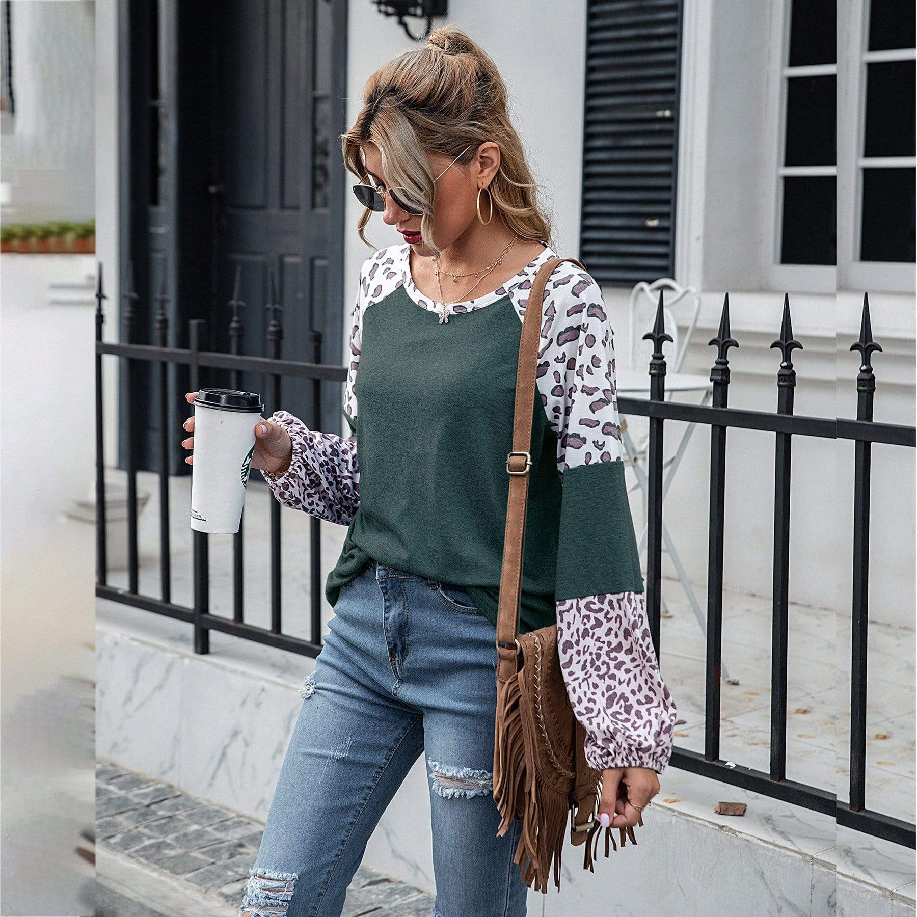 Anna-Kaci Leopard Print Color Block Baseball Long Sleeve Tee for Women